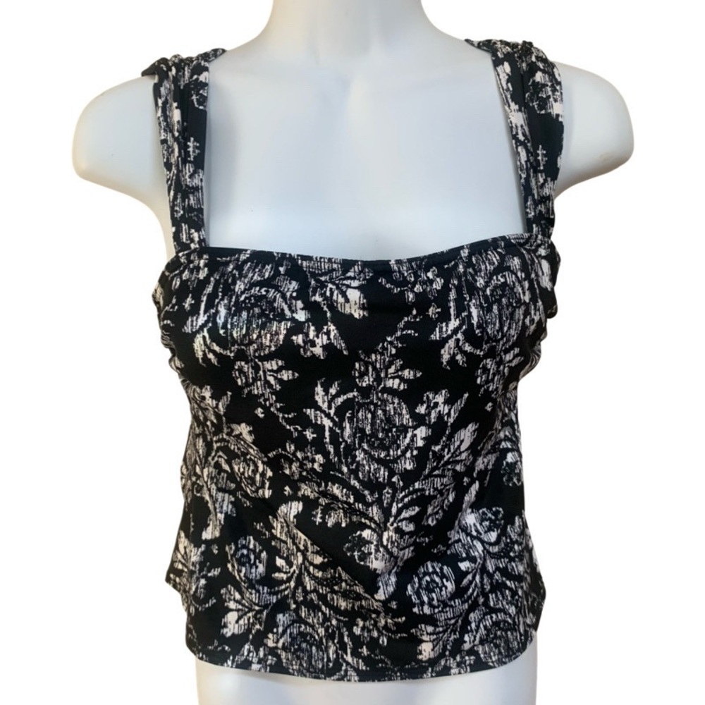 Lands' End White Floral Black Tankini Underwire Swim Top Sz 6